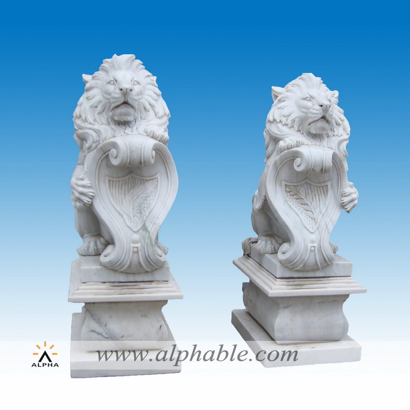 Carved marble docile lion statues with shield