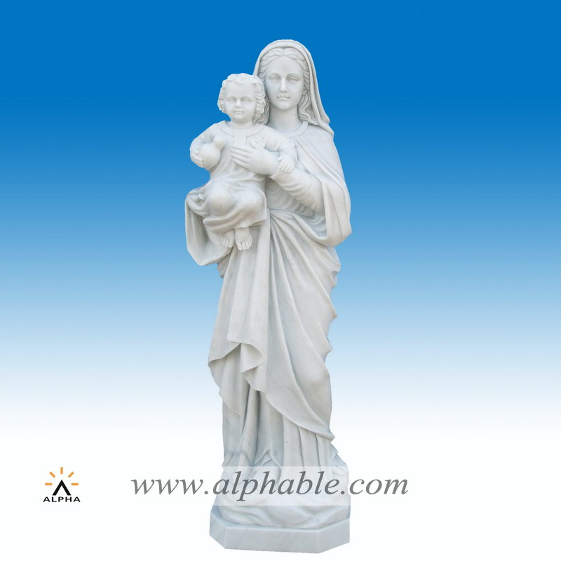 Vivid white marble baby Jesus and mother statue