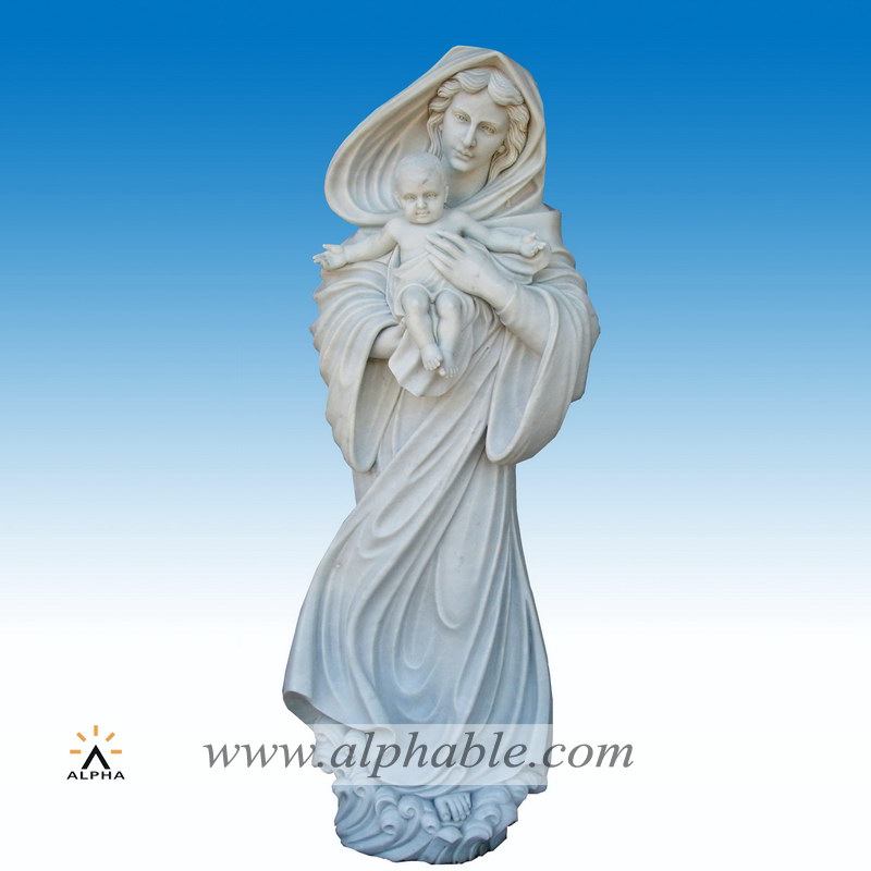 Carved white marble mother and son sculpture